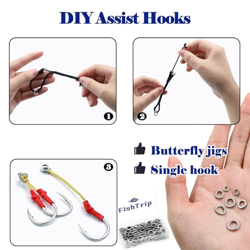 FishTrip Solid Rings Fishing 50Pcs - Stainless Steel Ring for Assist Hooks Jigs Butterfly Rigs Saltwater Freshwater