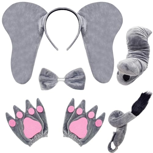 Xuyyicao 5 Pcs Grey Elephant Costume Set,Fuzzy Elephant Ears Nose Tail Gloves Bowtie Kit,Animal Costumes for Halloween Cos...