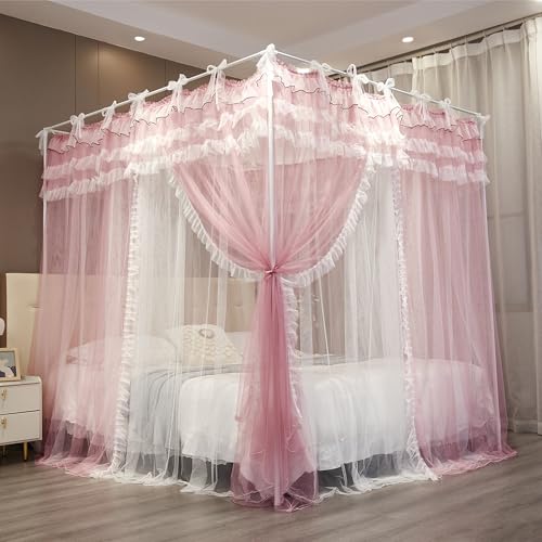 NXGIO Bed Canopy Curtain Double Layer 4 Corners Post Lace Up Ruffle Princess Drape Netting 4 Opening Mosquito Net for Girl...