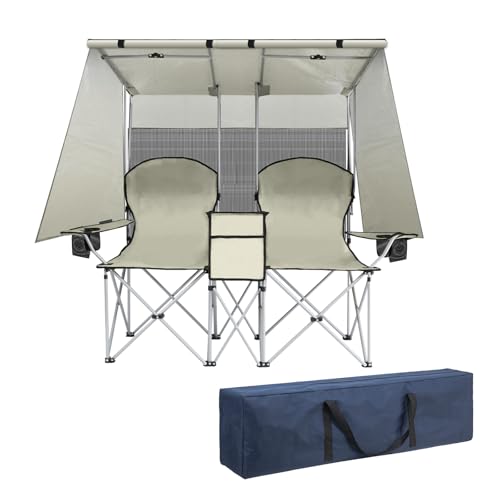 ptlsy Double Camping Chair with Canopy, Folding Two-Person Seat, Portable Outdoor Loveseat with Shade, Portable Chairs for...
