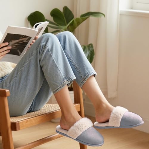Women's Memory Foam Fuzzy Slippers Fluffy Plush Indoor Outdoor Non-Slip Thin Sole Winter House Shoes