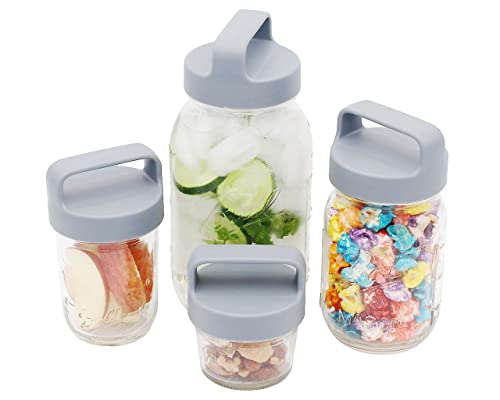 Gray Plastic Handle / Canister Lid by Mason Jar Lifestyle (4 Pack, Regular Mouth)