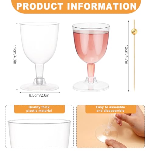 Whaline 200Pcs 5 oz Plastic Wine Glasses with Stem and Gold Pearl Cocktail Picks Set Disposable Clear Cups Drink Goblets w...