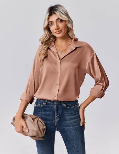 Zeagoo Womens Tops Long Sleeve Satin Silk Button Down Shirts Casual Business Dressy Blouses Fall Clothes