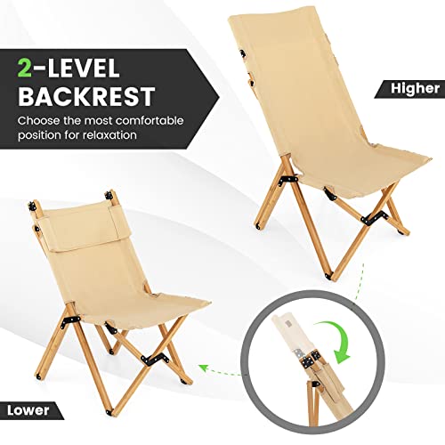 Giantex Folding Camping Chairs, Portable Beach Chairs with 2-Level Adjustable Backrest, Bamboo Frame Canvas Fabric, Outdoo...
