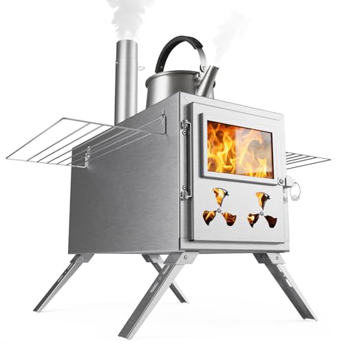 Hot Tent Wood Stove, Portable Camping Wood Burning Stove with 8 Stainless Chimney Pipes, Folding Wood Stove for Tent, Outd...