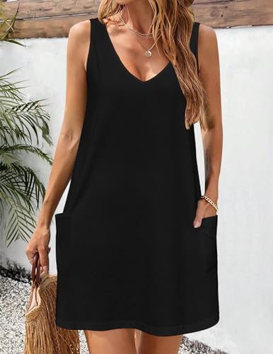 Zeagoo Womens Summer Dress 2026 Loose V Neck Sleeveless Sundresses Swimsuit Coverup with Pockets Floral Tank Dresses