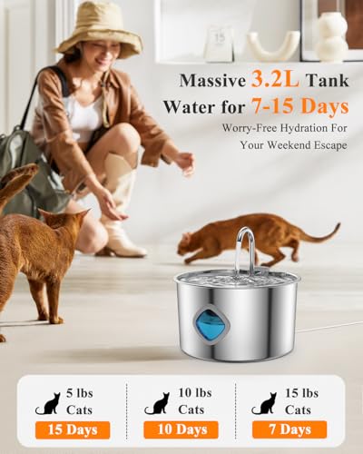 Cat Water Fountain Stainless Steel [3.2L/108oz] Large Capacity Automatic Water Dispenser for Cats Indoor with 3 Filters Ki...