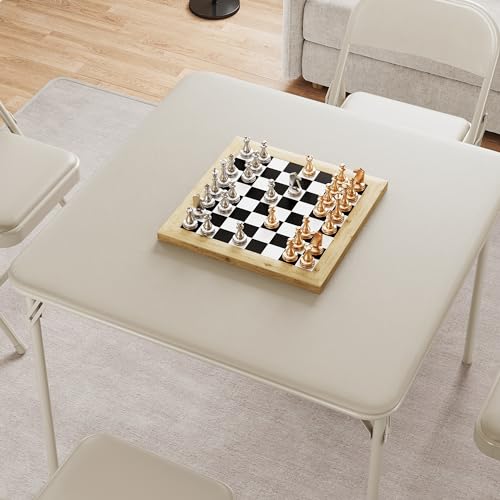 IDEALHOUSE Folding Portable Card Table and Foldable Chair Set of 5,PU Upholstered Foldable Chairs and Table with Metal Fra...