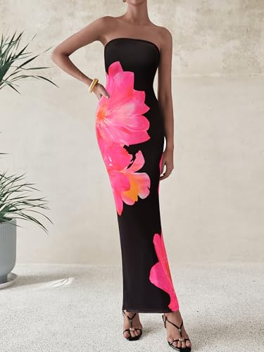 PRETTYGARDEN Women Summer Strapless Maxi Dress Bodycon Floral Sexy Long Wedding Guest Dress Formal Tube Mesh Cocktail Dresses