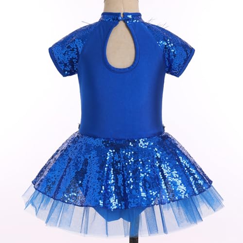 ODASDO Girls Shiny Sequins Ballet Dance Leotard Short Sleeve Feather Tutu Dress Hip Hop Latin Jazz Stage Performance Outfit
