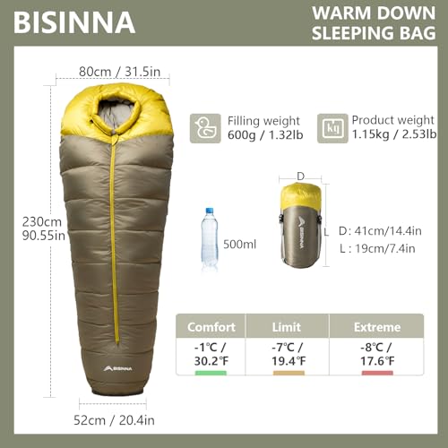 BISINNA Down Mummy Sleeping Bag for Adults 650FP Cold Weather Sleeping Bag 4 Season Compact Sleeping Bag with Compression ...