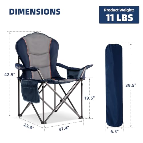 Foristrail Large Camping Chair with Side Table Heavy Duty 500LBS - Folding Outdoor Chair with Cooler Bag (Blue & Gray, 2 PCS)