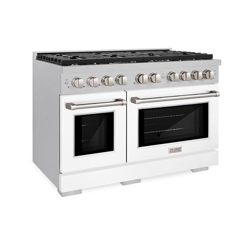 ZLINE 48 in. 6.7 cu. ft. Paramount Double Oven Dual Fuel Range with 8 Burner Gas Cooktop in Satin Stainless Steel with Whi...