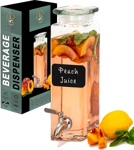 Square Glass Drink Dispenser for Parties - Stainless Steel Spigot + Marker & Label - 100% Leakproof Beverage Dispenser - L...