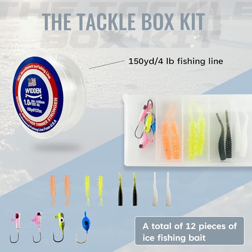 WIDDEN Ice Fishing Rod and Reel Combo, 27" Medium Light Spinning Ice Fishing Pole, Gear with Tackle Box Kit, Line, Lures f...