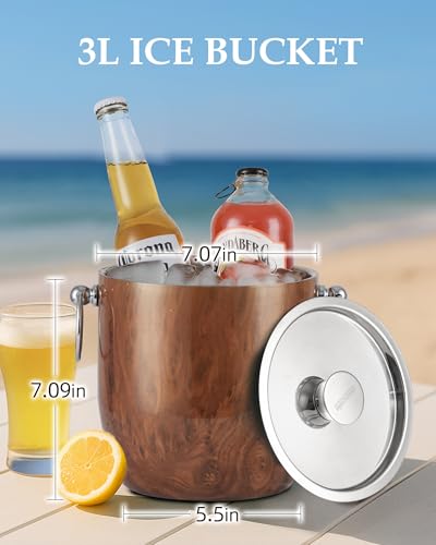 Golden Cudgel Insulated Ice Bucket, 3L Double Wall Stainless Steel Ice Bucket with Tongs,Lid, Scoop and Strainer, Ice Buck...