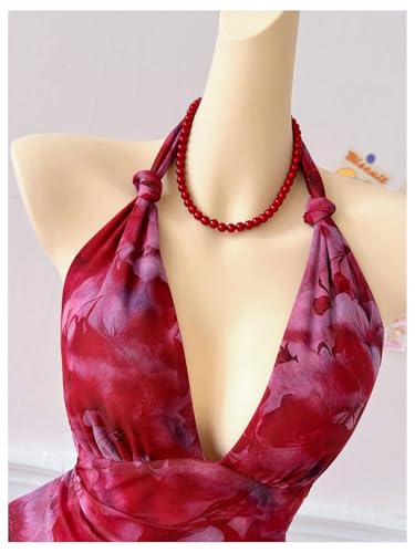 Verdusa Women's Y2k Mesh Mini Dress Floral Halter Backless Fairy Dress Ruffle Going Out Dress Wedding Guest Dress