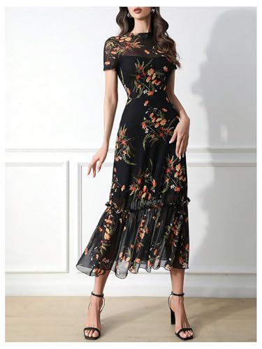 Verdusa Women's Floral Ruffle Mesh Slimming Dress Vintage Elegant Wedding Guest Dress