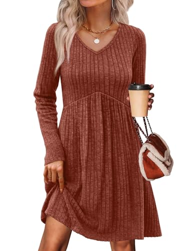 OFEEFAN Long Sleeve Sweater Dress Fall Dresses 2025 V Neck Empire Waist Baby Doll Dresses Women Casual Dress with Pockets