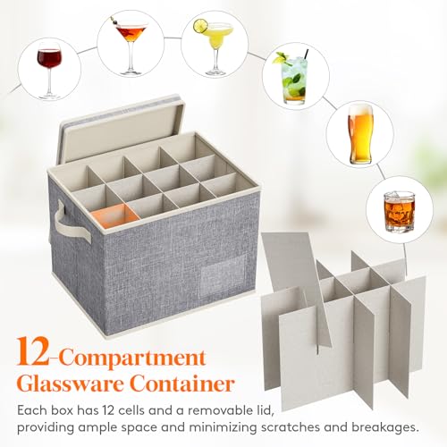 Lifewit 3 Pcs Wine Glass Storage Box with Dividers, Stackable Cationic Hard Shell Stemware Organizer Case 24 Cells, Foldab...