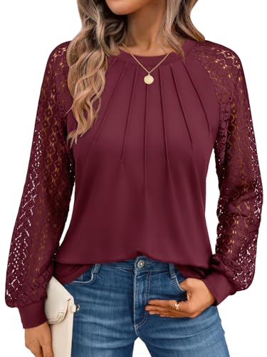 AUTOMET Womens Long Sleeve Shirts Pleated Lace Tops Fall Fashion Outfits Business Casual Blouses