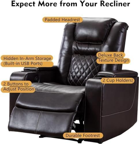 CANMOV Electric Power Recliner Chair Set of 5, Breathable Leather Home Theater Seating with Hidden Arm Storage, Power Recliner Chair for Living Room with USB Ports and Cup Holders,Brown