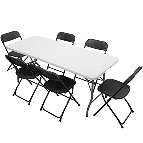 VINGLI 6 FT Plastic Folding Table Set with 6 Black Folding Chairs for Picnic, Event, Training, Outdoor Activities, at Home...