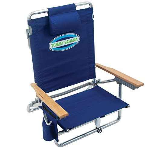 Tommy Bahama 5-Position Classic Lay Flat Folding Backpack Beach Chair, Polyester, Navy