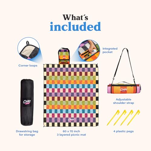 Cozy Club Waterproof Picnic Blanket Foldable Outdoor Mat with Pocket, Stakes & Shoulder Strap | Sandproof, Durable & Porta...