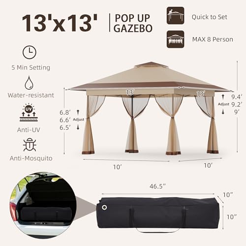 Bezseller 13x13 Pop Up Gazebo Tent with Mosquito Netting – Quick Set Up, Water-Resistant Outdoor Canopy for Patio, Garden,...