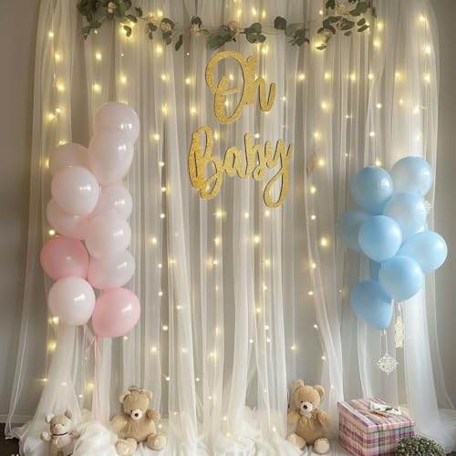 ESGOTBME 10x10ft White Tulle Backdrop Curtain with Lights String for Wedding Parties Sheer Curtain Backdrop for Birthday P...