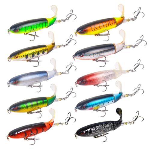 RTGSE 10Pcs Whopper Fishing Lure for Bass Popper Top Water Fishing Lures with Floating Rotating Tail Barb Treble Hooks in ...