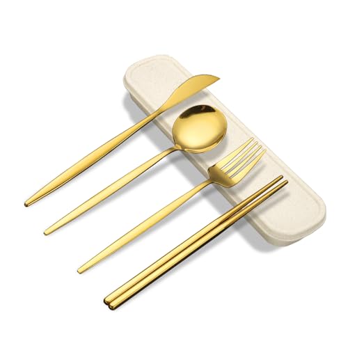 Novasteel Premium Travel Flatware Set,4 Pieces Golden Stainless Steel Flatware with Eco-Friendly Storage Case,Reusable, Po...