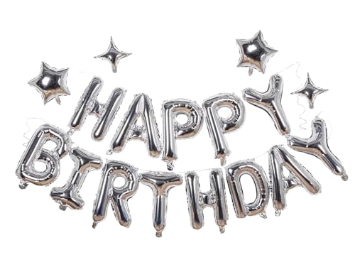 Silver Happy Birthday Banner Balloon Aluminum Foil 16 Inch Letter,10 Inch Five Pointed Star Four Pointed Star Suitable for...