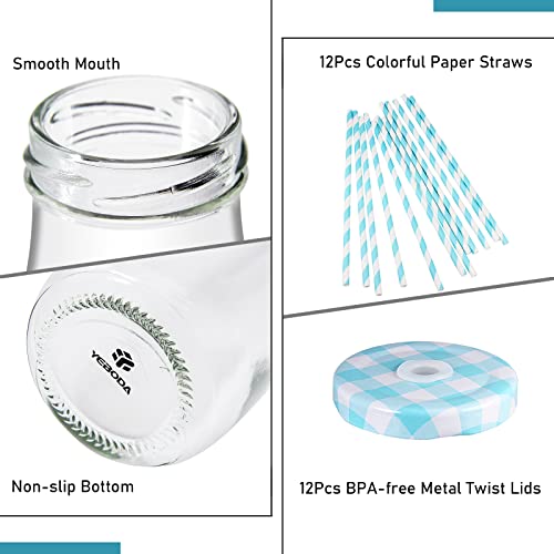 YEBODA 11oz Glass Milk Bottles with Reusable Metal Twist Lids and Straws for Beverage Glassware and Drinkware Parties, Wed...