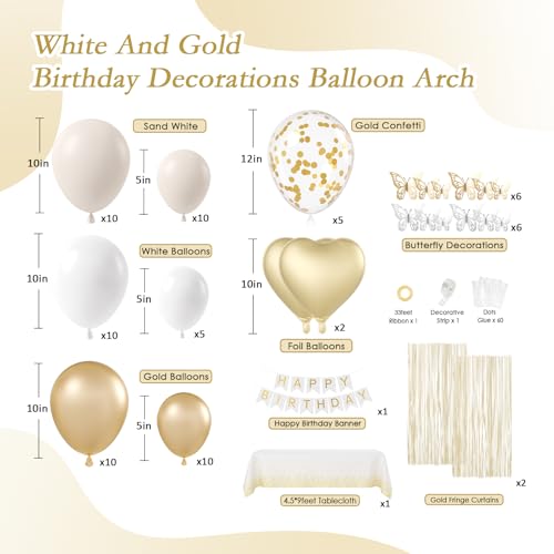 White and Golden Birthday Party Decorations with Happy Birthday Banner Fringe Curtai Tablecloth Butterfly Decorations Foil...