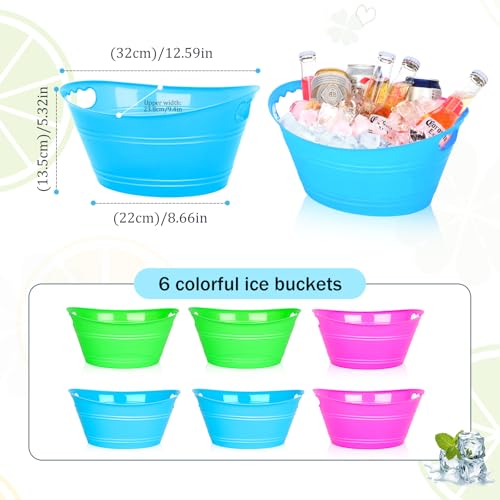 Ice Buckets for Parties, 6pcs Colorful Plastic Champagne Beverage with Handles, Drinks Buckets Tub for Cocktail Bar, Large...