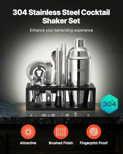 VEVOR Cocktail Shaker Set, 13-Piece Stainless Steel Bar Tools with Bamboo Stand, Martini Bartender Kit Accessories | Mixer...