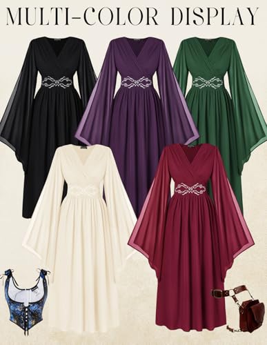 Scarlet Darkness Women's Renaissance Costume Wrap V Neck Medieval Dress Split Bell Sleeve Embroidery Fairy Dresses