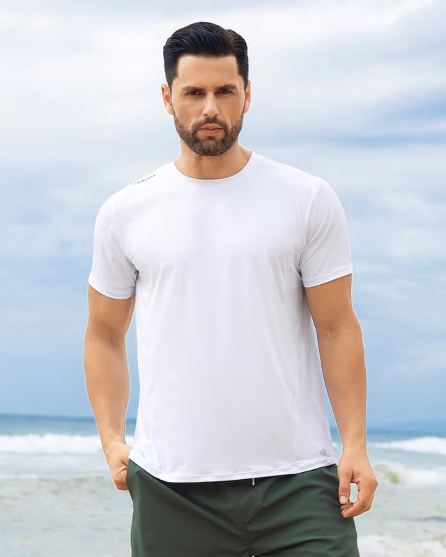 Men's UPF 50+ Rash Guard Swim Shirt - Quick Dry Short Sleeve Sun Protection Shirt for Swimming, Fishing & Beach