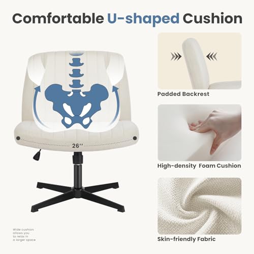 DUMOS Criss Cross Chair No Wheels Wide Cross Legged Office Desk Vanity Chair Comfy Fabric Armless Adjustable Swivel for Ho...