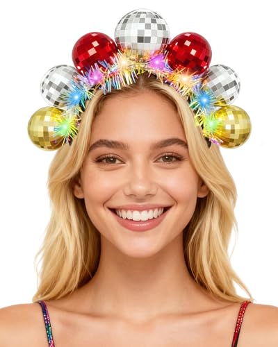 Asikkon New Year Light Up Disco Ball Headband LED Disco Headwear for Women Girl New Year Holiday Parties