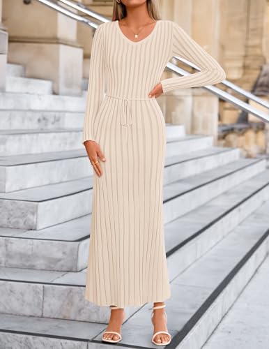 ZESICA Women's 2026 Spring Sweater Dress Long Sleeve V Neck Ribbed Knit Party Cocktail Bodycon Maxi Dresses