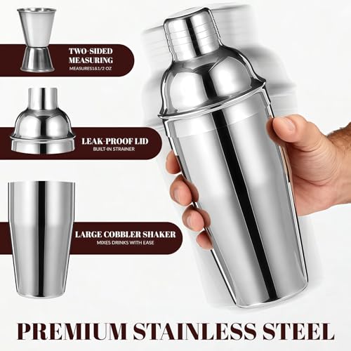 Cocktail Shaker Set Bartender Kit,Professional Bar Set, Martini Shaker, Jigger, Strainer, Mixer Spoon, Muddler, Liquor Pou...