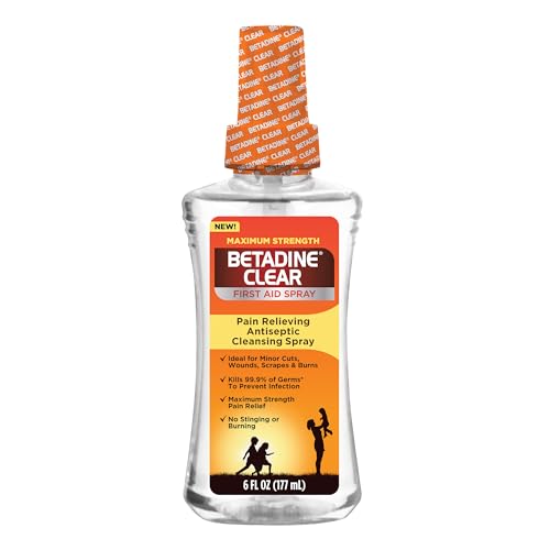 Betadine Clear First Aid Spray, Max Strength Pain Relieving Antiseptic Cleansing Spray, No Stinging, Kills 99.9% of Germ...