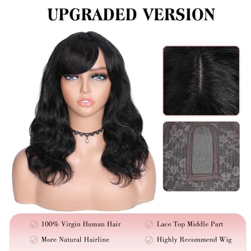 Fancy Hair Natural Wavy Human Hair Wig with Bangs Glueless Body Wave Brazilian Virgin Human Hair Wigs with Bangs for Black Women Natural Black 16 inches