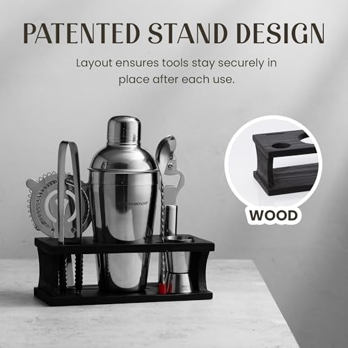 Modern Mixology Cocktail Shaker Set - 8 Piece Bartender Kit on Quality Pine Stand | Complete Cocktail Kit Gift Set | Top B...