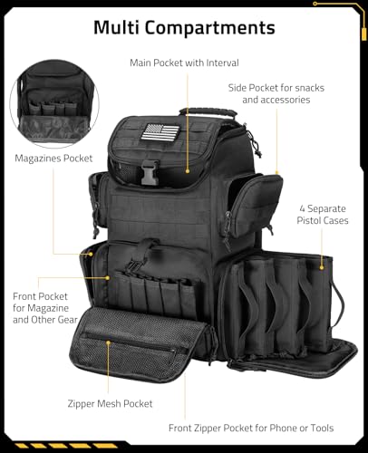 CVLIFE Tactical Range Backpack with Removable Divider, Gun Cases Bag with 4 Pistol Carrying Cases, Rucksack for Shooting (...