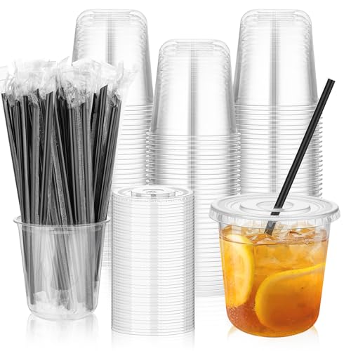 tchrules 100 Set 12oz Plastic Cups with Lids and Straws, Disposable Clear Iced Coffee Cup with Lid, Round Bottom Plastic T...